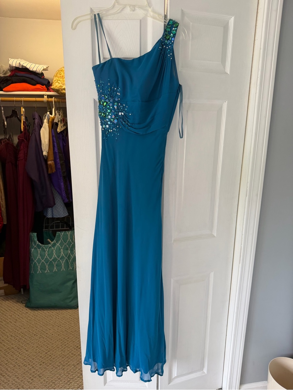 Dave & Johnny Teal One-Shoulder Evening Gown with Beaded Embellishment